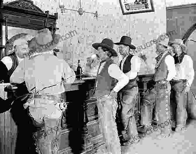 A Bustling Saloon In The Old West, With Cowboys Playing Cards, Drinking, And Listening To Music. Entertainment In The Old West: Theater Music Circuses Medicine Shows Prizefighting And Other Popular Amusements